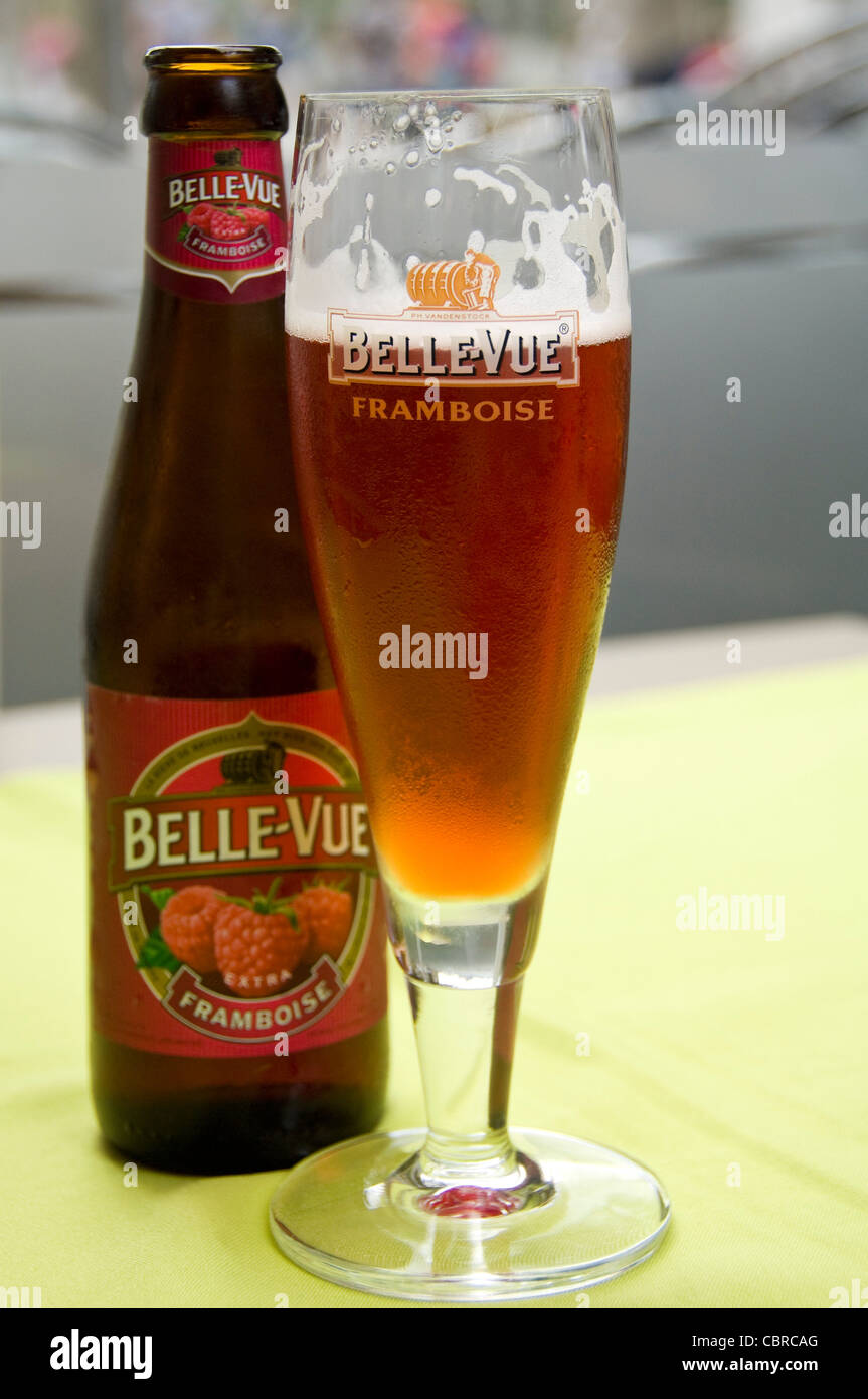 Vertical close up of a traditional Fruit Lambic Belgian beer bottle and