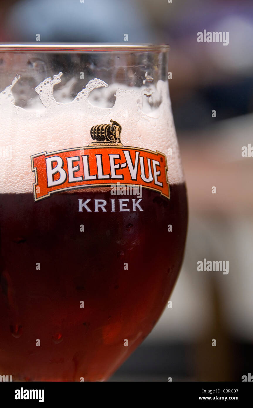 Vertical close up of a traditional Fruit Lambic Belgian beer in a