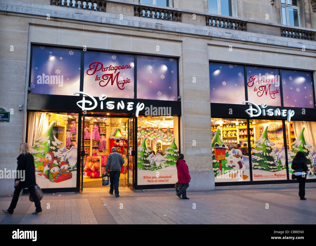 Paris, France, Disney Products Store, Front at Night, on Avenue Champs Elysees Stock Photo