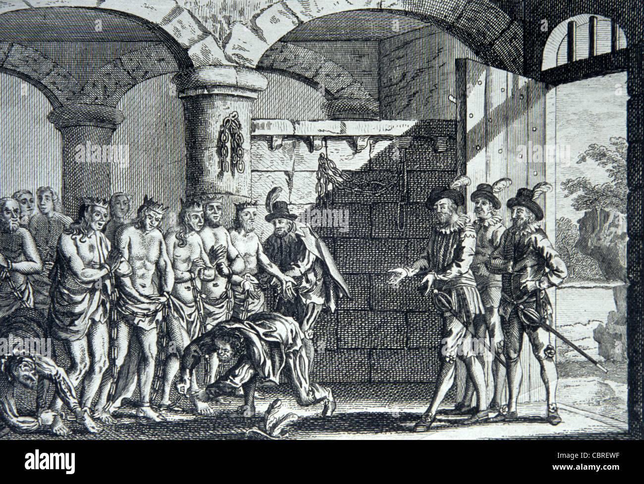 Francis Drake Releases Five Imprisoned Indian Chiefs in Central or South America (in conflict with Spanish), c18th Engraving or Vintage Illustration Stock Photo