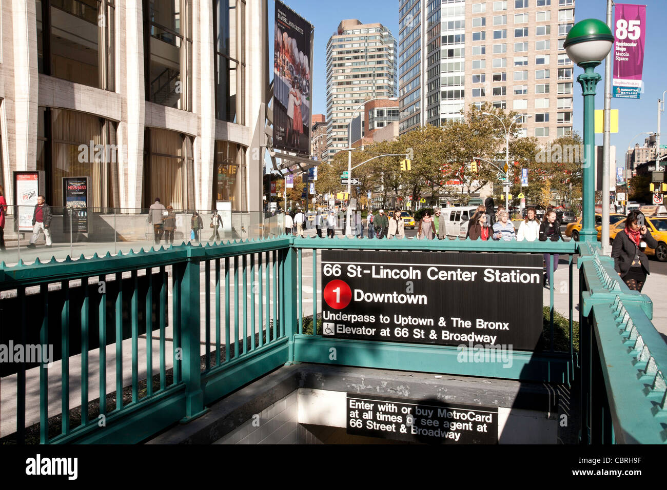 Number 1 Subway Station Entrance, 66th Street at Lincoln Center, NYC Stock Photo