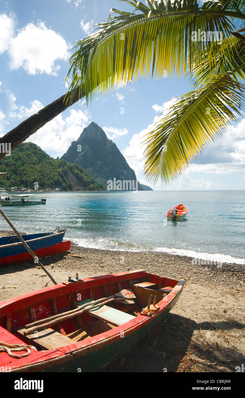 St. Lucia island view of famous twin piton mountain peaks from