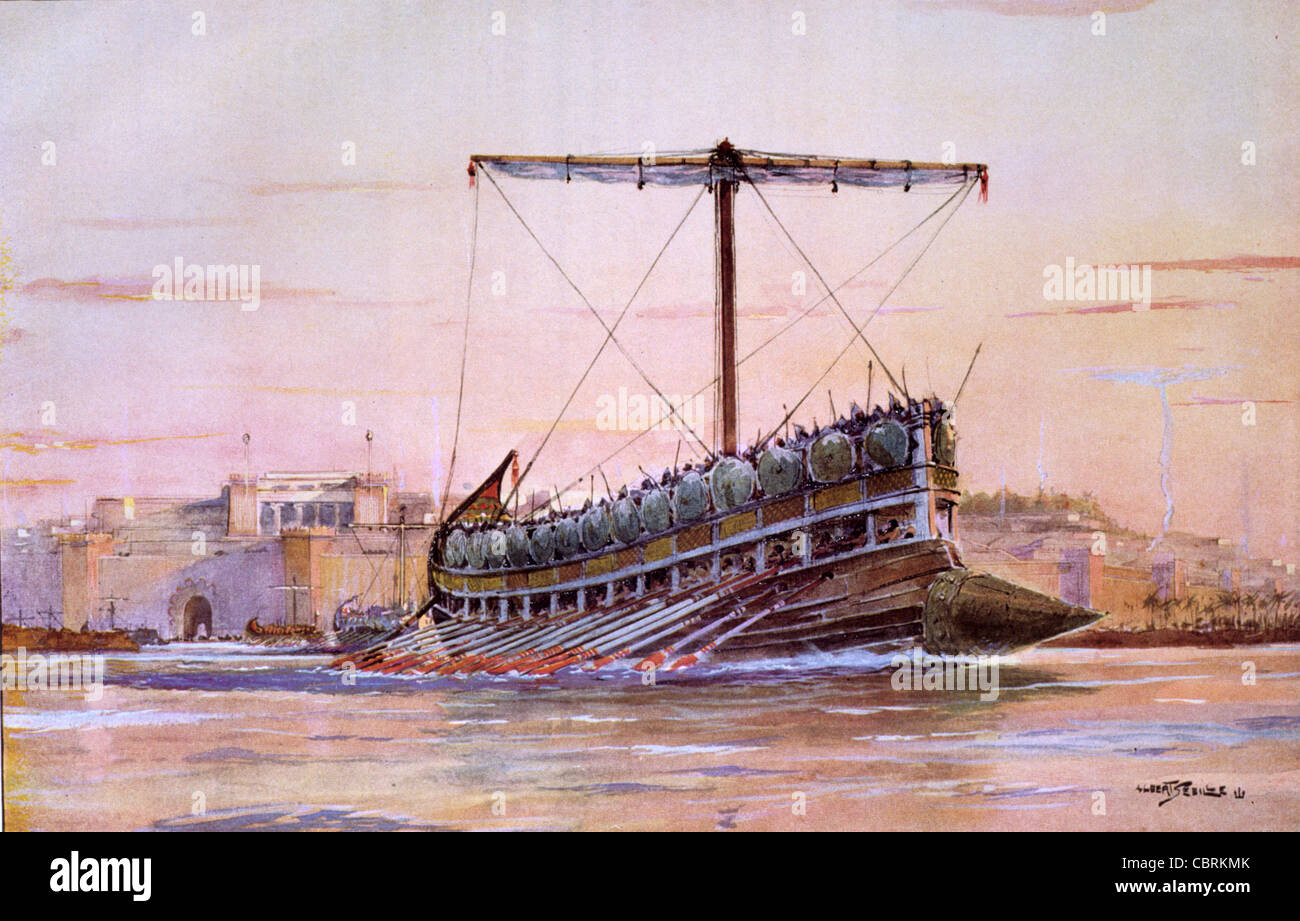Assyrian Galley or Warship. Painting by Albert Sebille c1930 Stock Photo