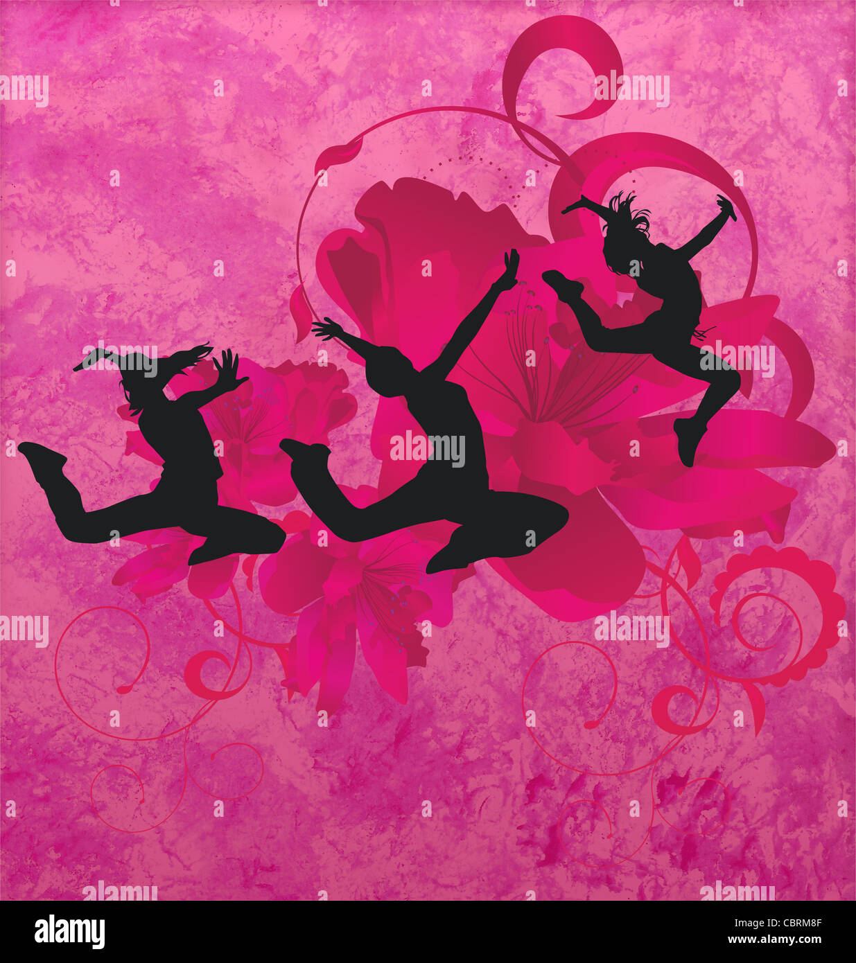 three urban modern dancing women silhuettes on the red or pink grunge background Stock Photo
