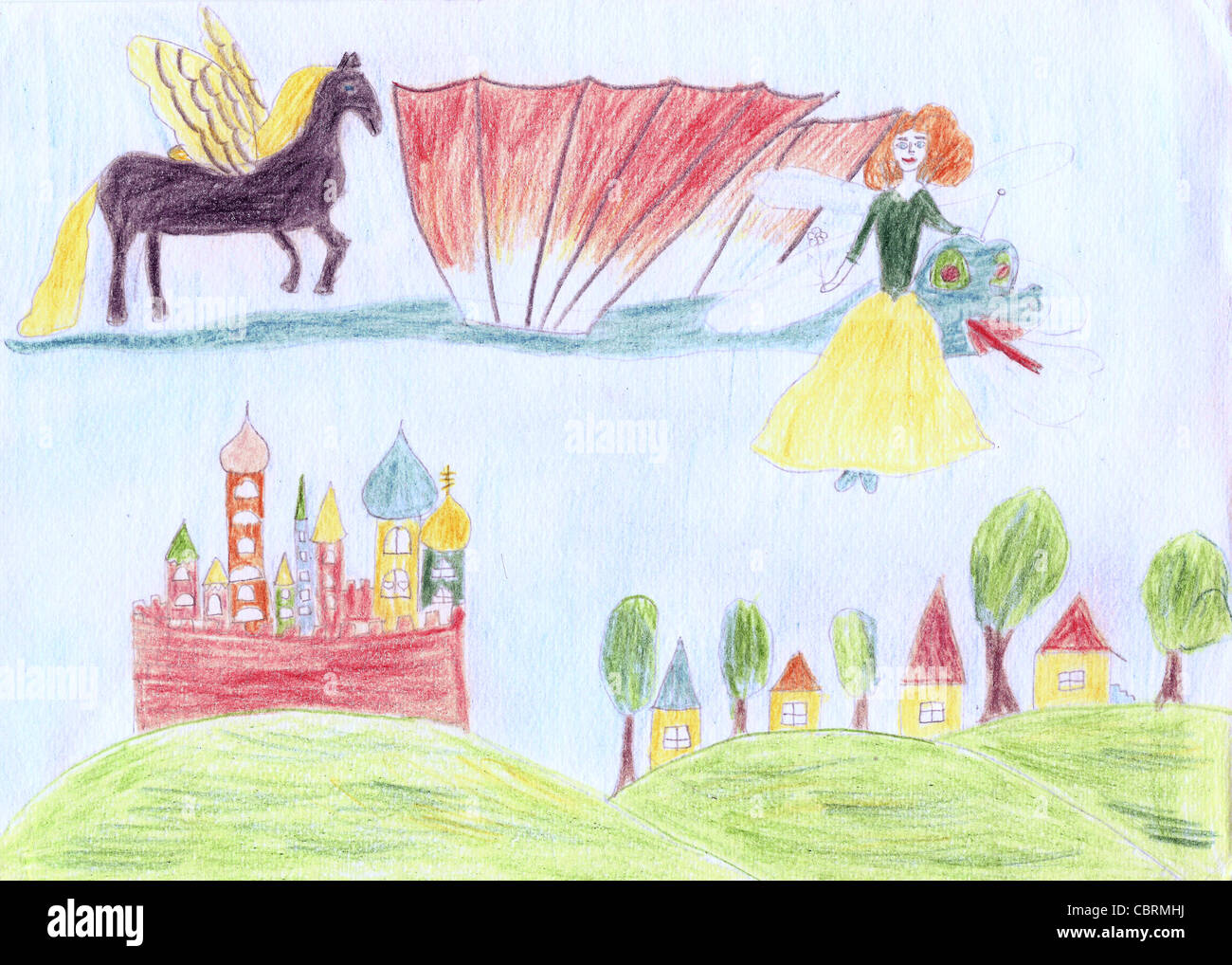 child draw pencils illustration with flying dragon, horse, fairy above the ground with trees, houses and colorful castle Stock Photo