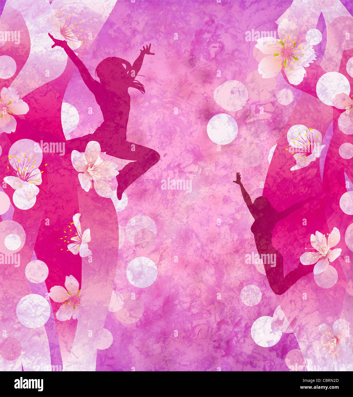 three urban modern dancing women silhuettes on the red or pink grunge background Stock Photo