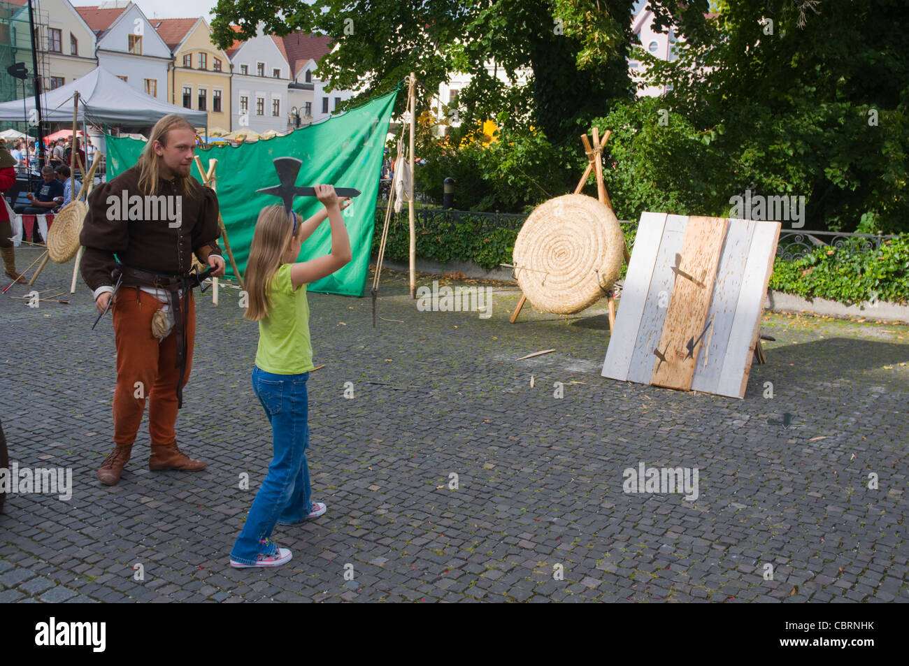 Ax throwing Stredoveky den the Medieval day at Marianske namestie square old town Žilina Slovakia Europe Stock Photo