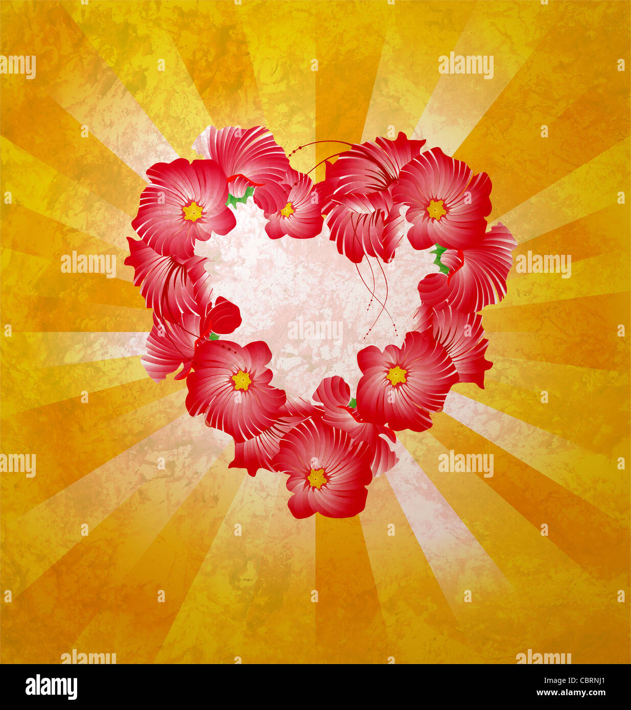 flowers heart on yellow light rays grunge background Stock Photo - Alamy