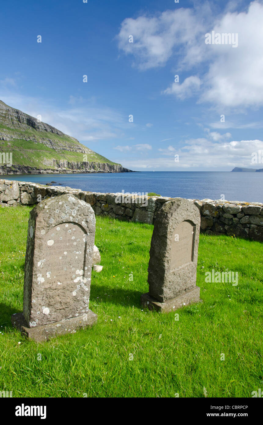 Kingdom of Denmark, Faroe Islands. Historic medieval church of Kirkjubour, old graveyard. Stock Photo