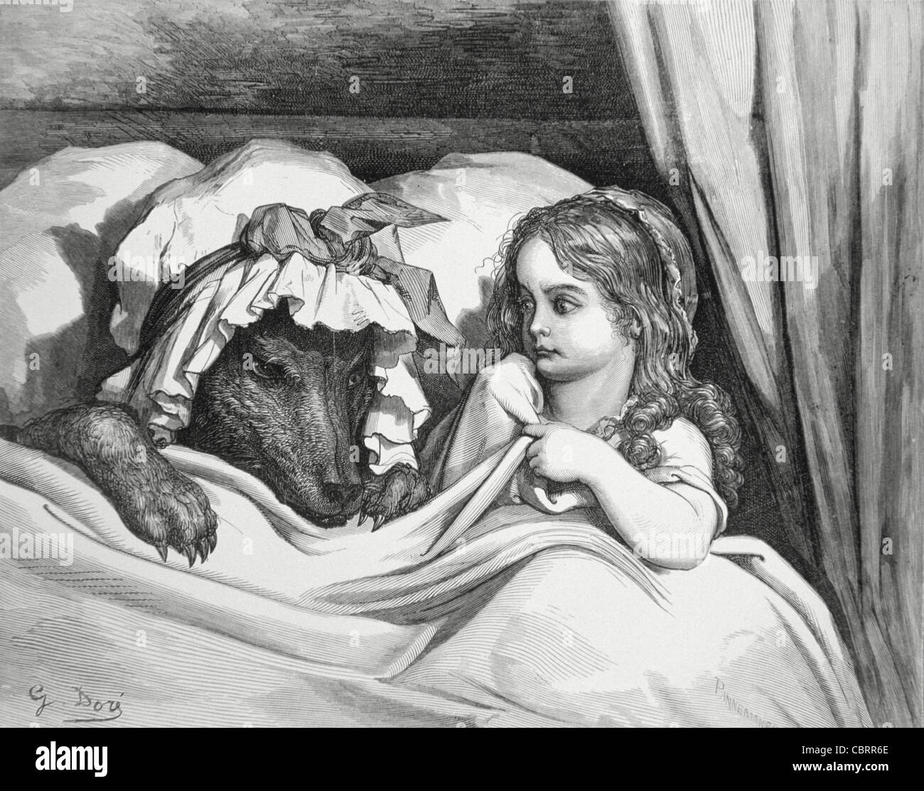 The Disguised Wolf and Little Red Riding Hood Fairy Tale or Folk Tale, Engraving by Gustave Doré, 1862 Stock Photo