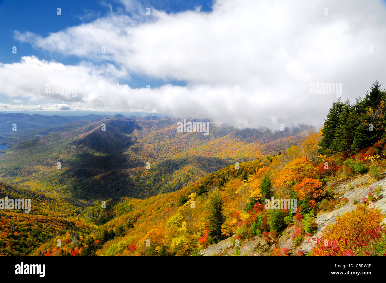 A sweeping peak autumn color view on the Blue Ridge Parkway, North Carolina, USA. Picture by Darrell Young. Stock Photo