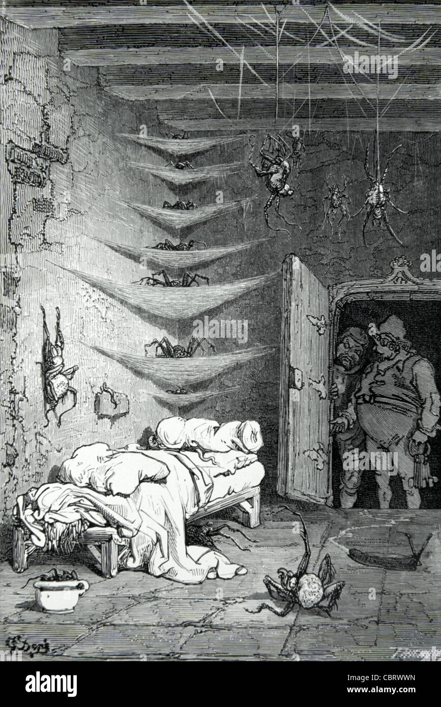 Spare Bed at the Crocodile Inn, French Legend of Croquemitaine, the Hand-Cruncher, or Bogeyman. Engraving by Gustave Dore, 1863 Stock Photo