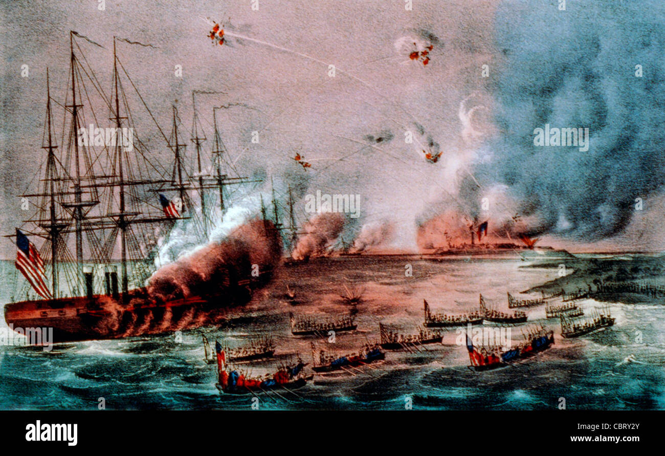 Bombardment and Capture of the Forts at Hatteras Inlet, North Carolina, during USA Civil War, August 27th 1861 Stock Photo