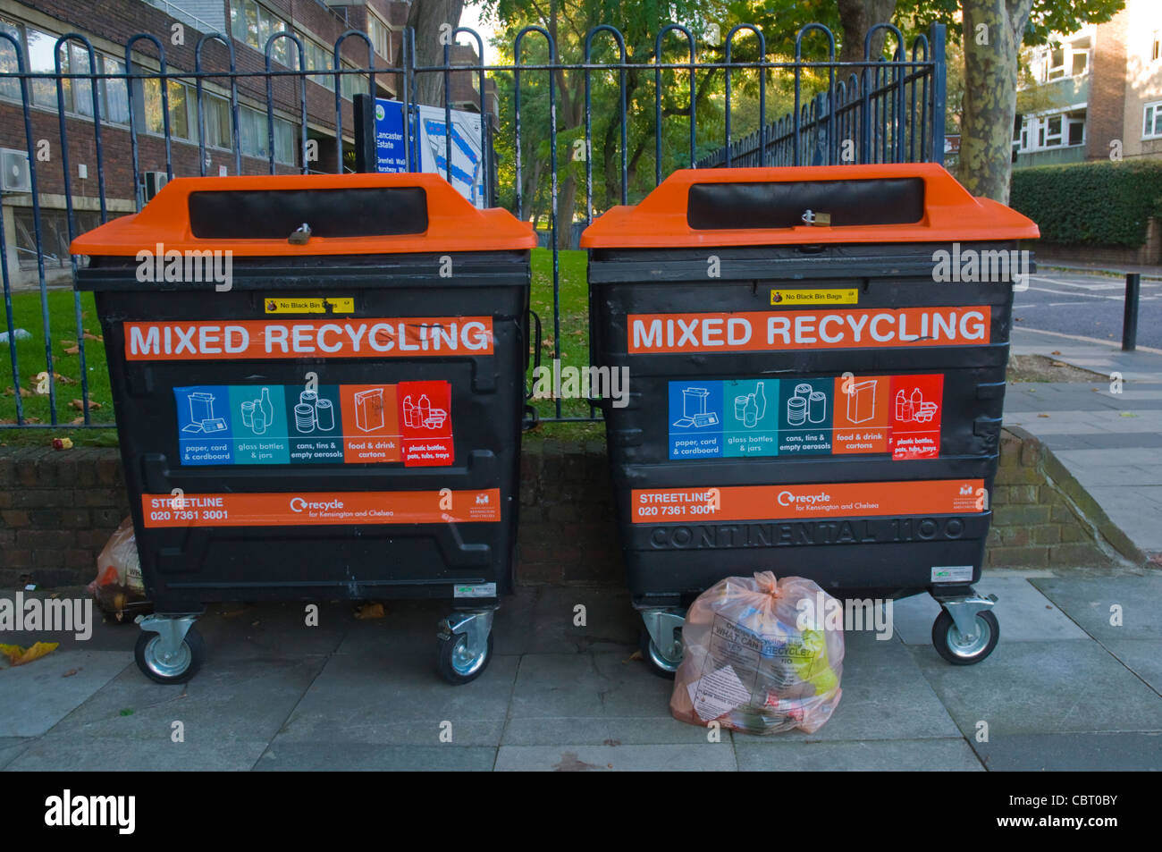 Mixed recycling bins Notting Dale district London England UK Europe