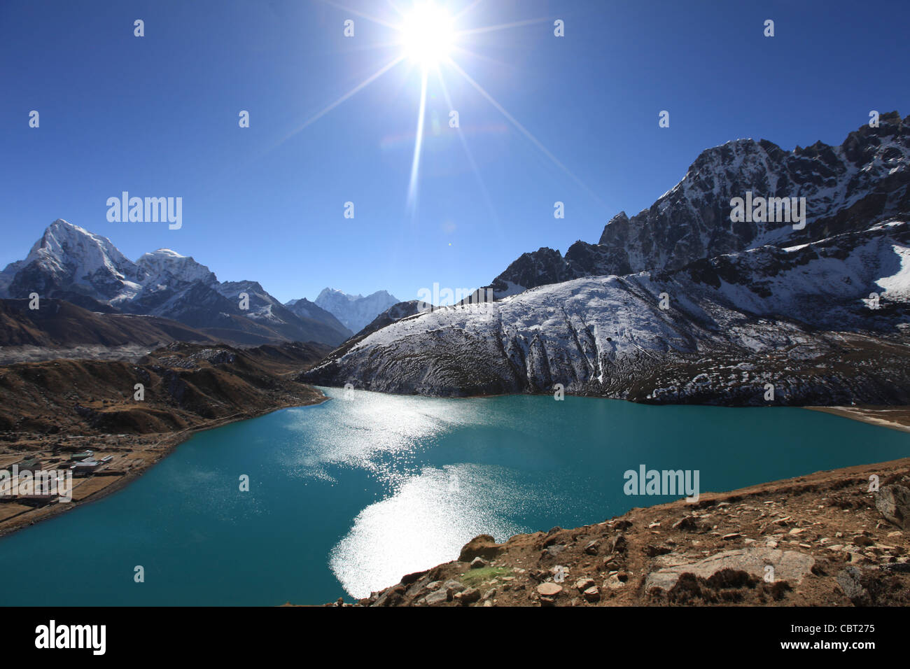 View of the Gokyo Valley Glacial Lake in the Himalayas Stock Photo