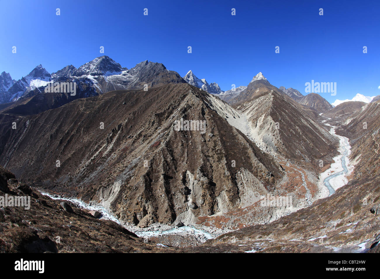 A view of the valley leading up to Gokyo-Ri in the Nepali Himalaya Stock Photo