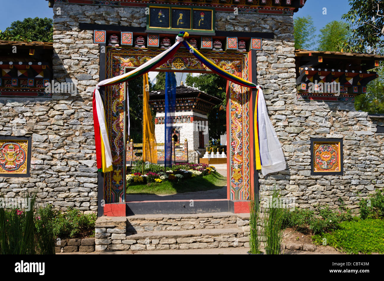 Elaborate stone entryway of Bhutan's pavilion at Royal Flora Ratchaphruek in Chiang Mai Thailand. Stock Photo