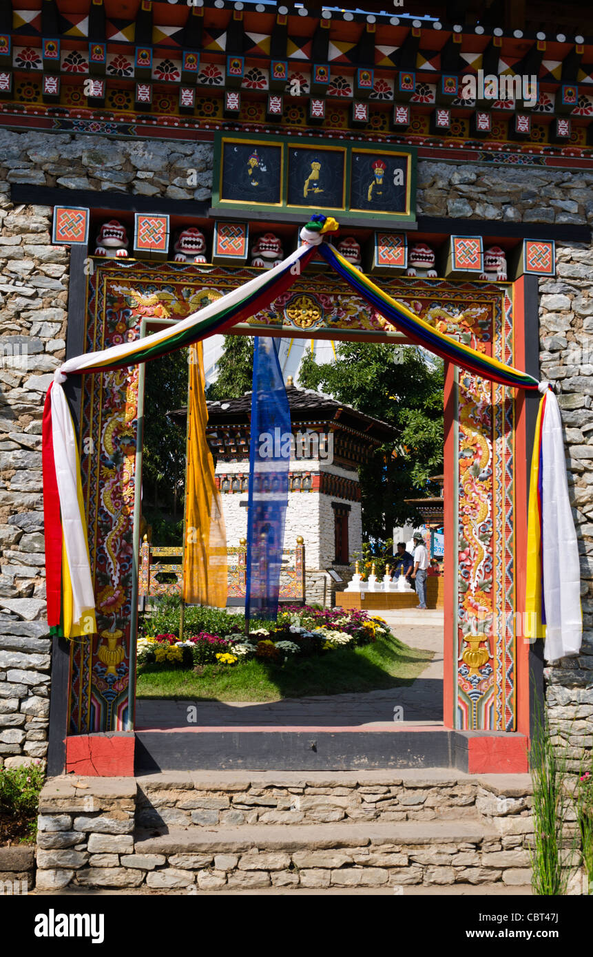 Elaborate stone entryway of Bhutan's pavilion at Royal Flora Ratchaphruek in Chiang Mai Thailand Stock Photo