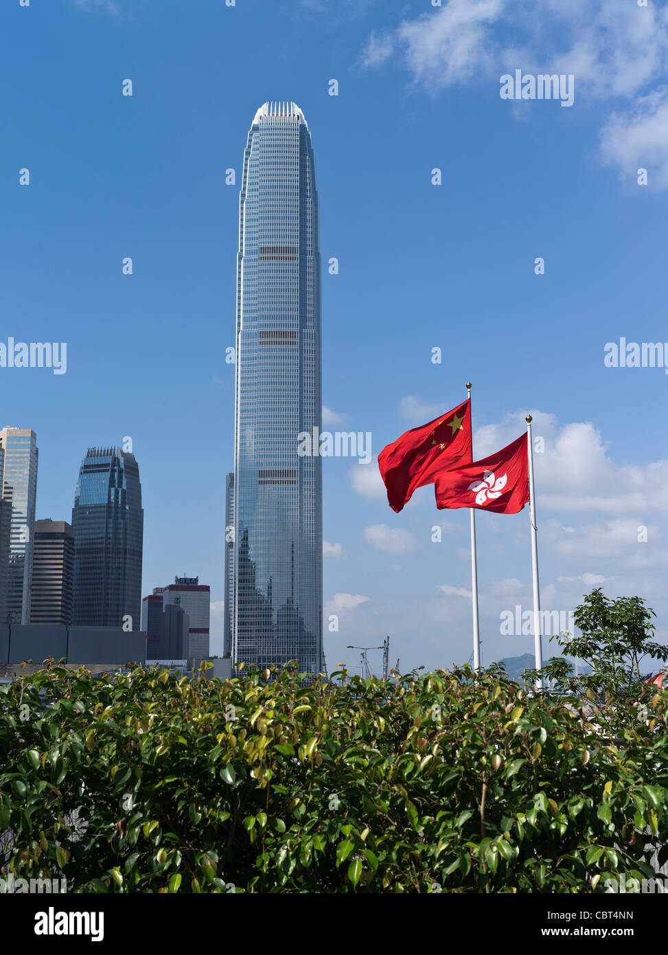 dh International finance centre CENTRAL HONG KONG Chinese flag and Hong Kong flags modern IFC 2 building architecture china tower buildings Stock Photo