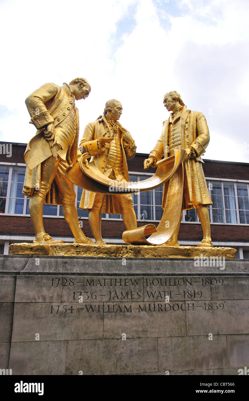 Guilded statue of Boulton, Watt and Murdoch, Broad Street, Birmingham, West Midlands, England, United Kingdom Stock Photo