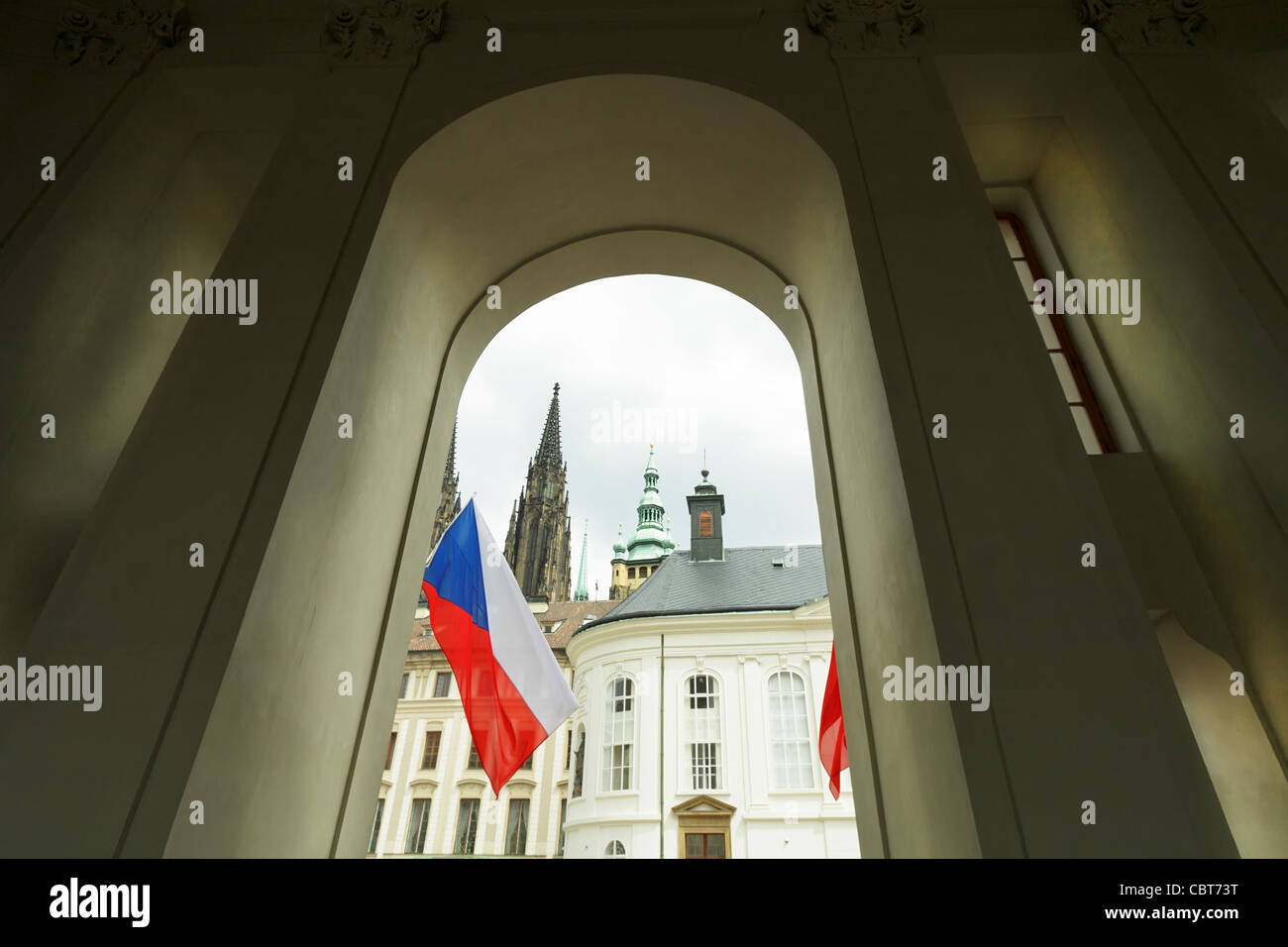 Prague flag and architecture of the cathedral Stock Photo
