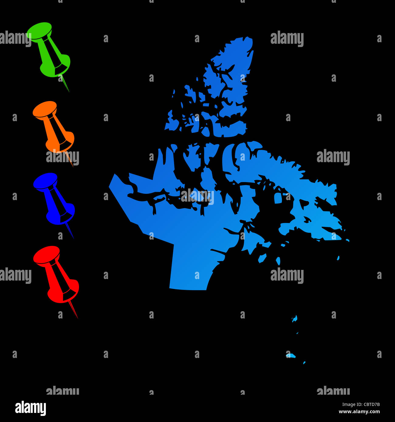 Canadian state of Nunavut travel map with push pins on black background. Stock Photo