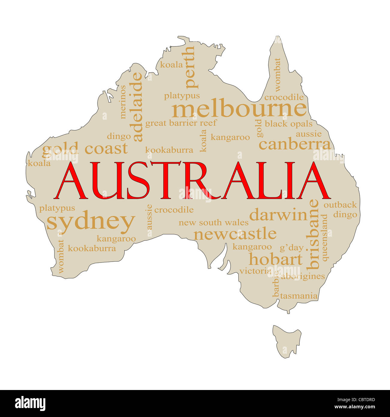 A map of Australia with different Australian terms around it such as Melbourne, Canberra, kangaroo and more. Stock Photo