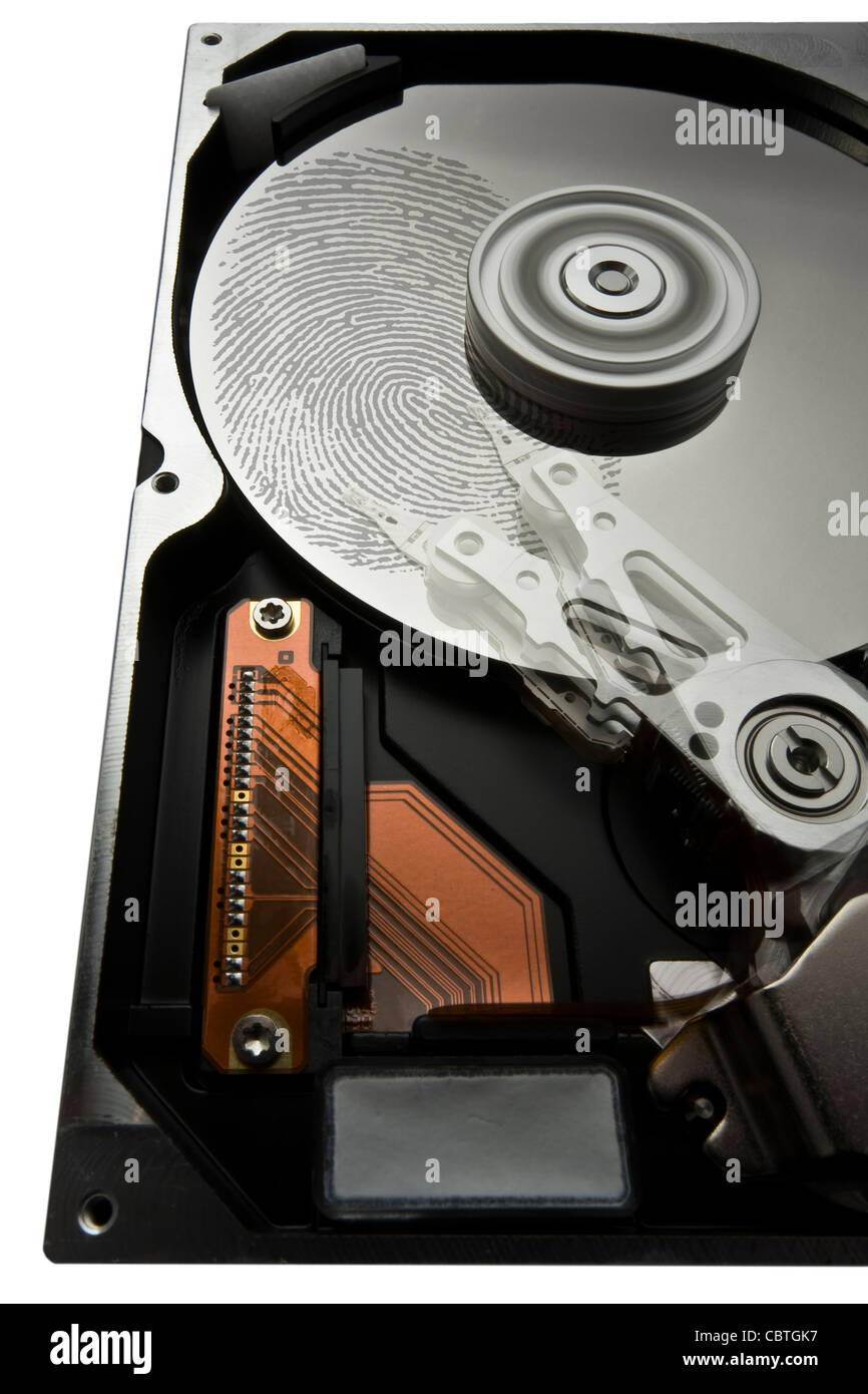 symbolic security theme showing a opened hard disk at work with big fingerprint Stock Photo