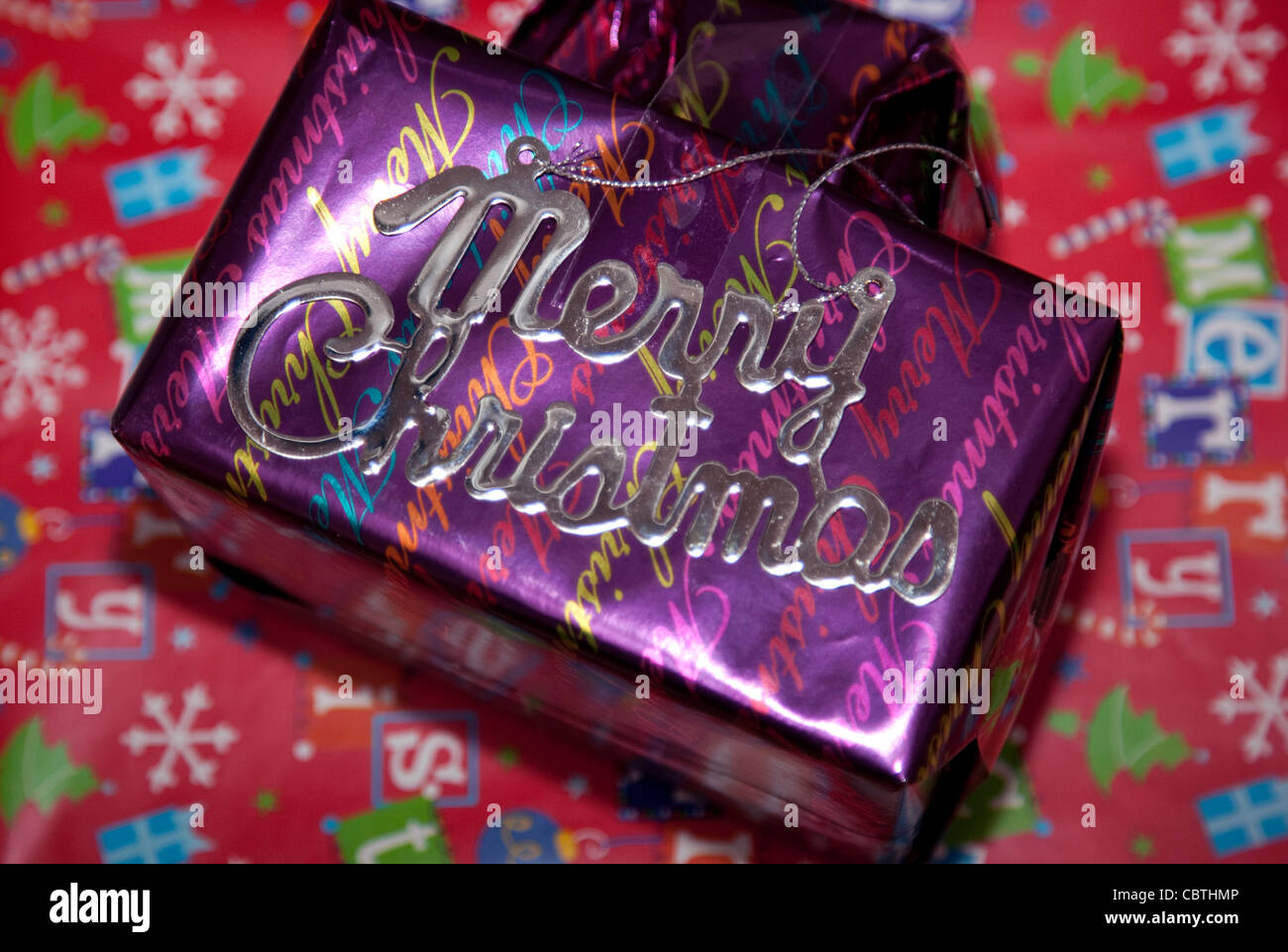 Merry Christmas sign and presents, London Stock Photo Alamy