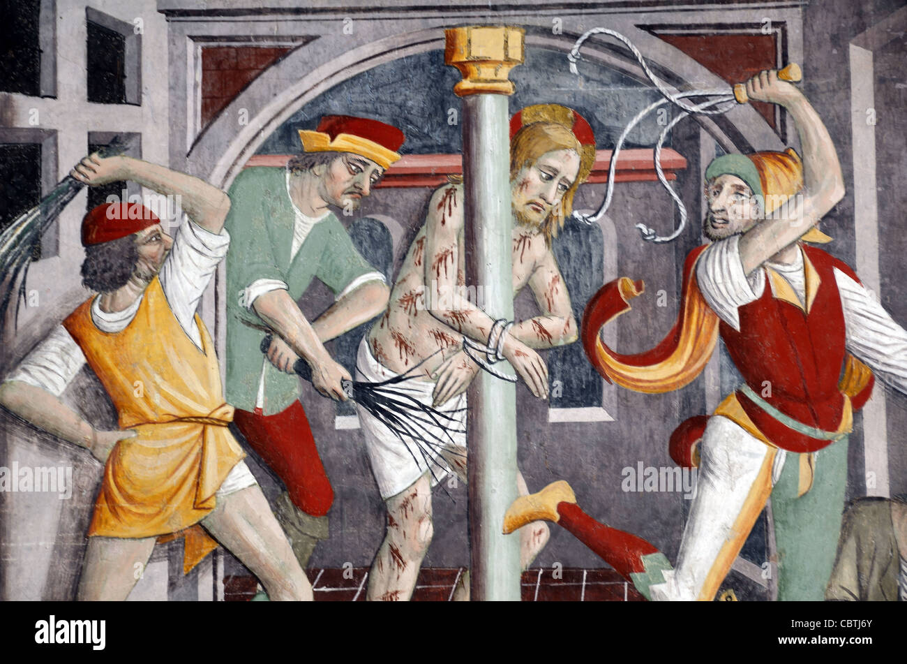 Flagellation of Christ by Jews Fresco (1492-1530) by Giovanni Canavesio Notre- Dame des Fontaines Chapel La Brigue Roya Valley Alpes-Maritimes France Stock Photo