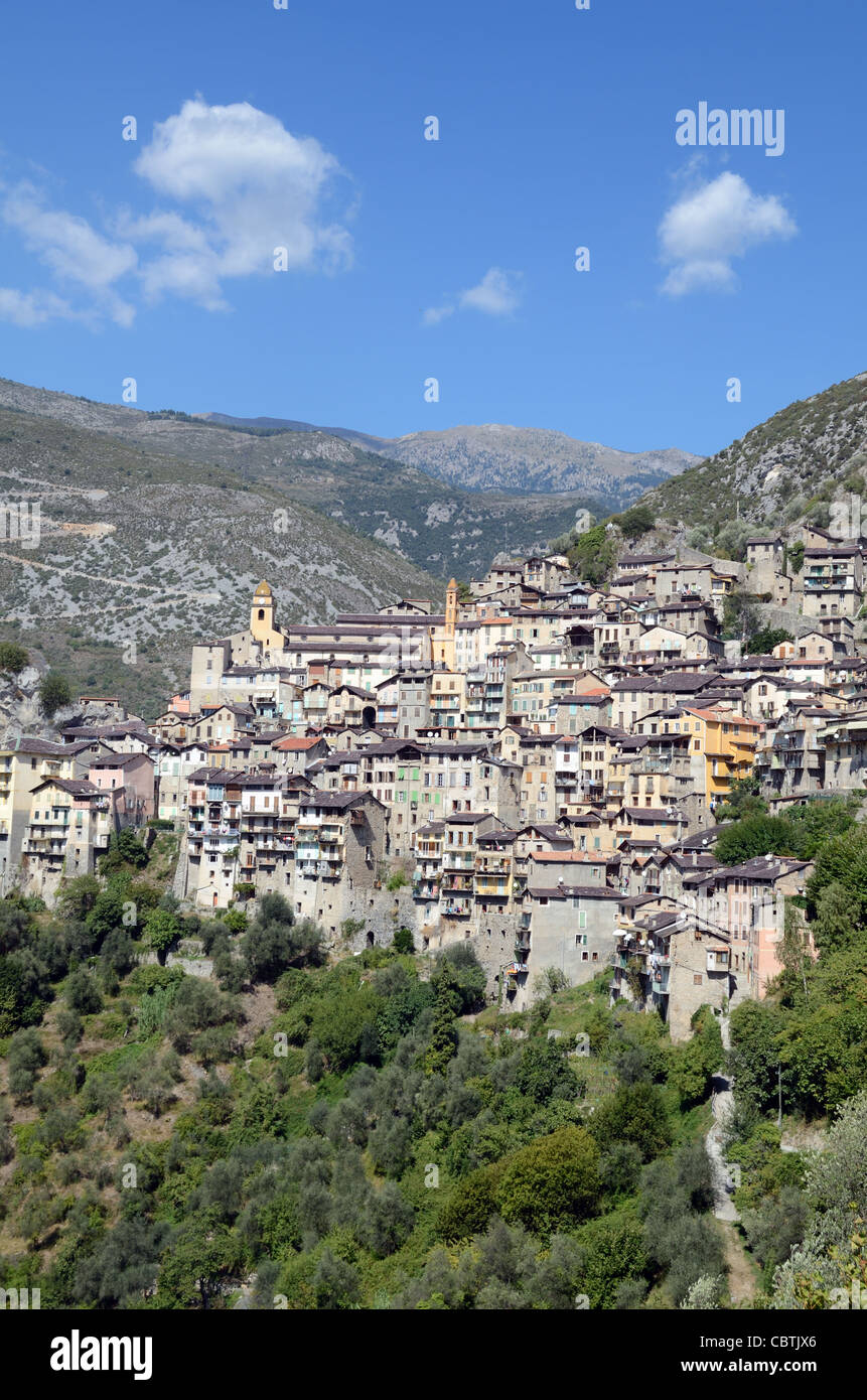 View of the Perched Village or Alpine Village of Saorge in the Roya Valley southern French Alps Alpes-Maritimes France Stock Photo