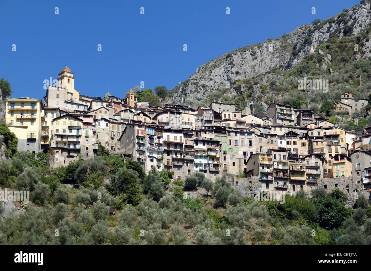 View of the Perched Village or Alpine Village of Saorge in the Roya Valley southern French Alps Alpes-Maritimes France Stock Photo