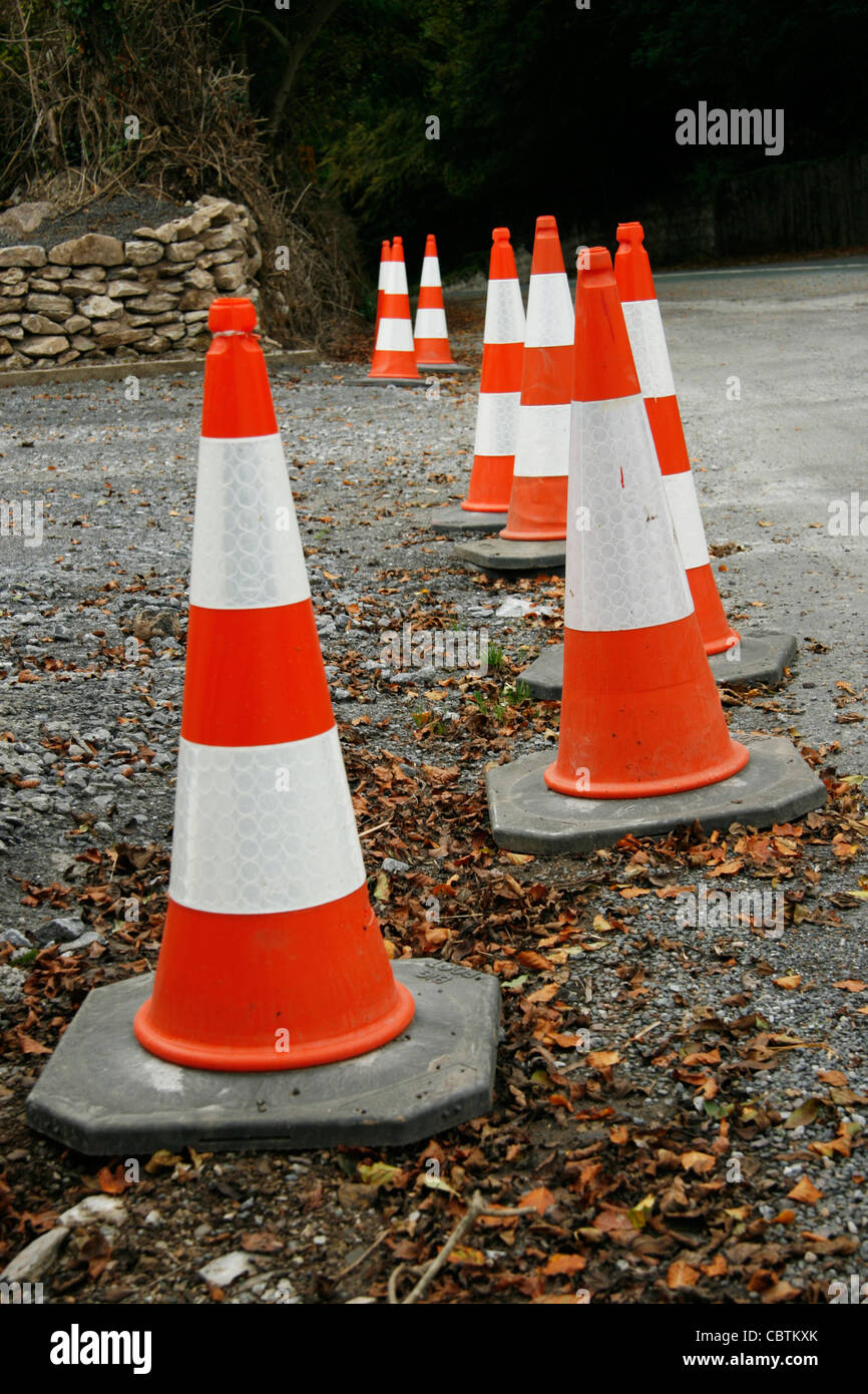 Traffic cones at road side Stock Photo