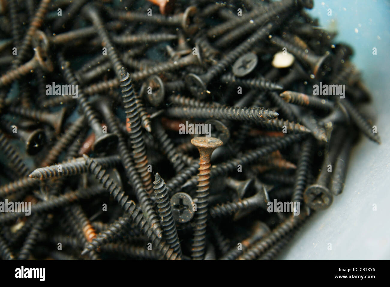 Rusty black screws in box Stock Photo