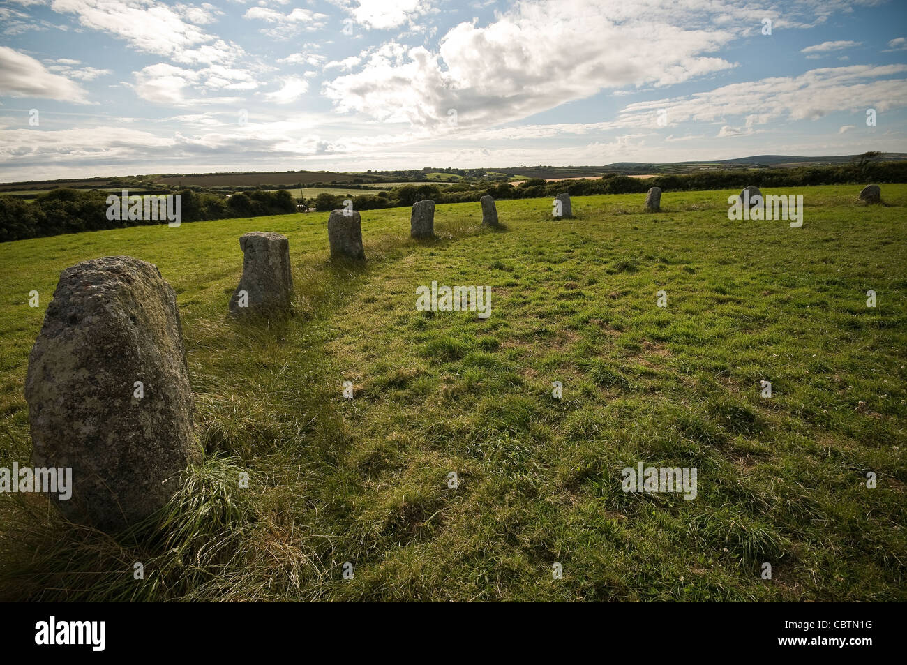 The Merry Maidens Late Neolithic Stone Circle, St. Buryan, Cornwall, UK Stock Photo