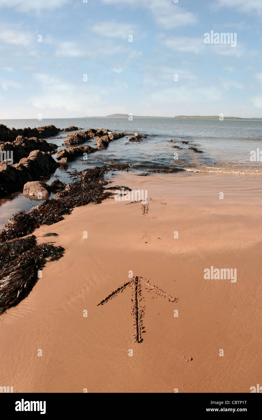 arrows giving directions inscribed on the beach with waves in the