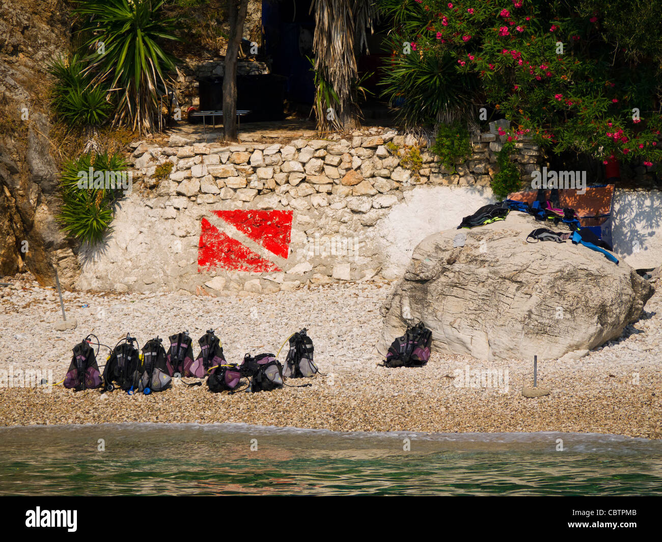 Beach with diving equipment on the Island of Corfu Greece Stock Photo