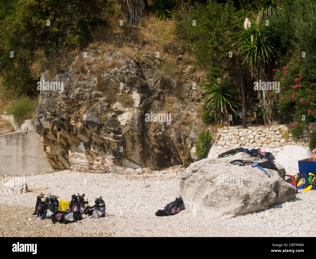 Beach with diving equipment on the Island of Corfu Greece Stock Photo