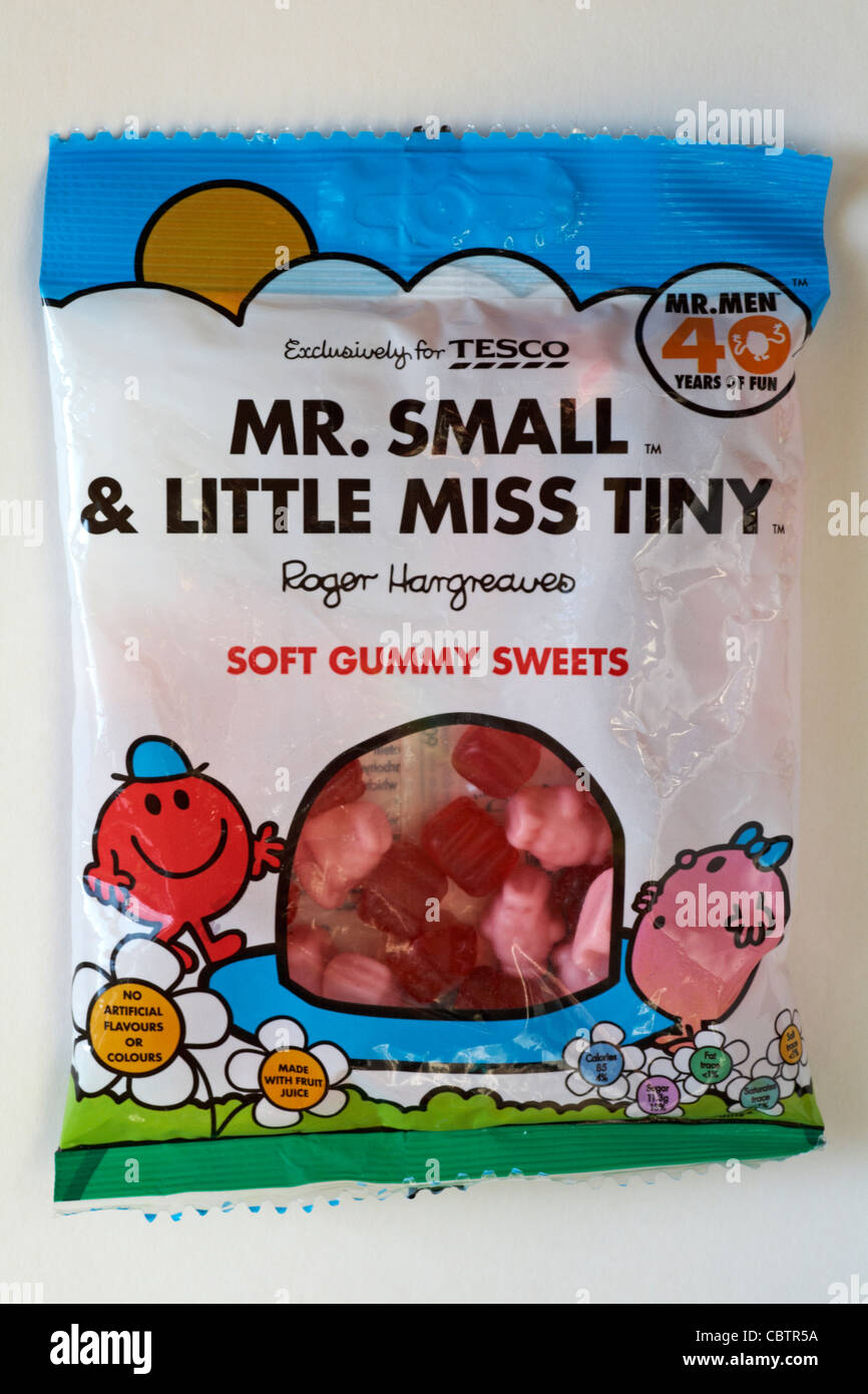 Bag of Mr Small & Little Miss Tiny soft gummy sweets exclusively for Tesco isolated on white background Stock Photo