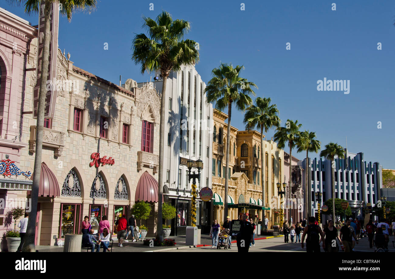 Hollywood Boulevard buildings  and  tourists at Universal Studios Orlando Florida Stock Photo