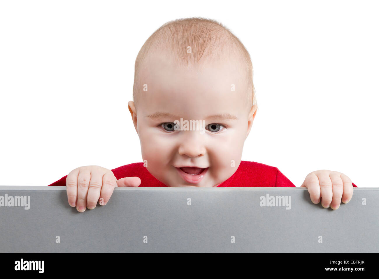 young child holding shield. isolate on white background Stock Photo