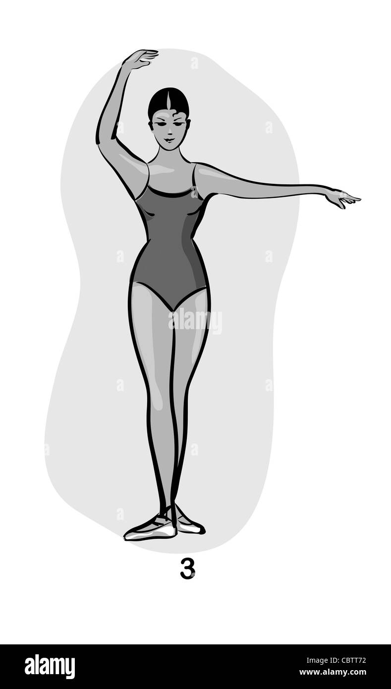 Ballet dance body position 3 three grayscale illustration Stock Photo