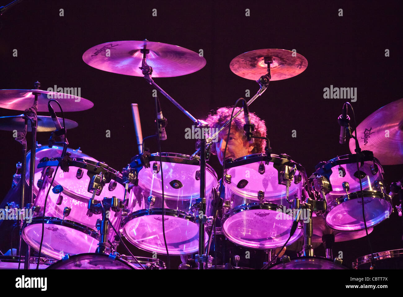 SIMON PHILLIPS plays drums for HIROMI play piano on the Jimmy Lyons Stage - 54TH MONTEREY JAZZ FESTIVAL 2011 Stock Photo