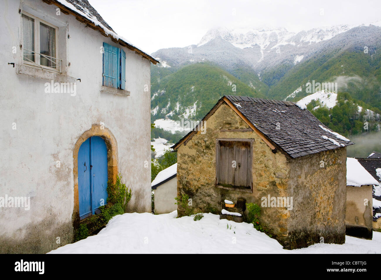 French hill top village of Aydius, Pyrenees-Atlantiques, France. Spring thaw. Stock Photo