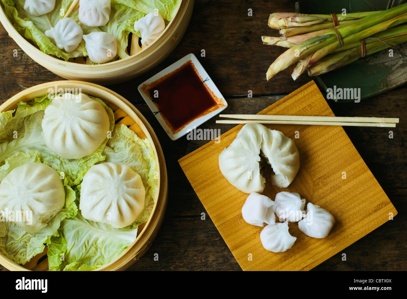 Asian dumpling in steamer with cabbage Stock Photo