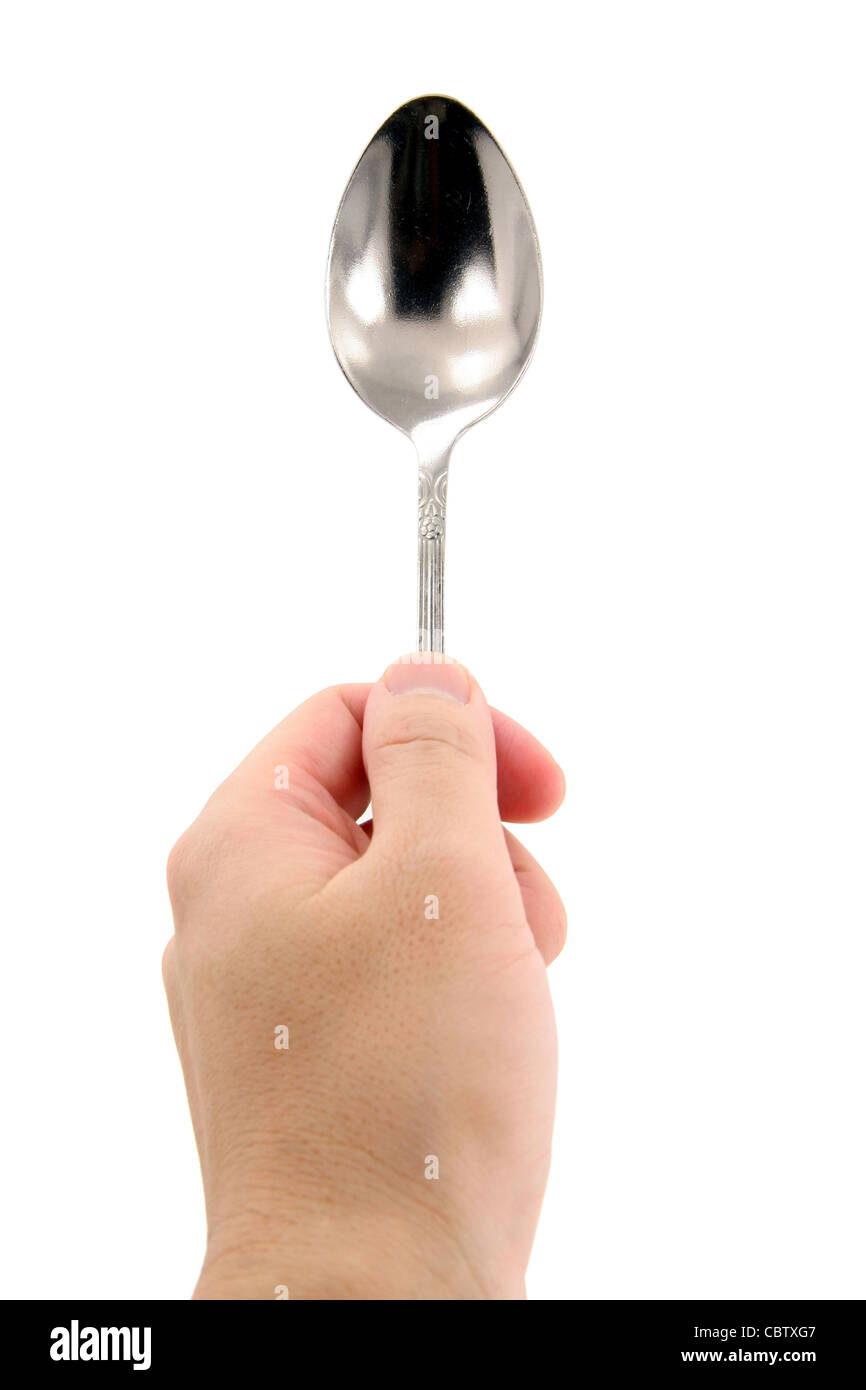 hand holding spoon with white background Stock Photo Alamy