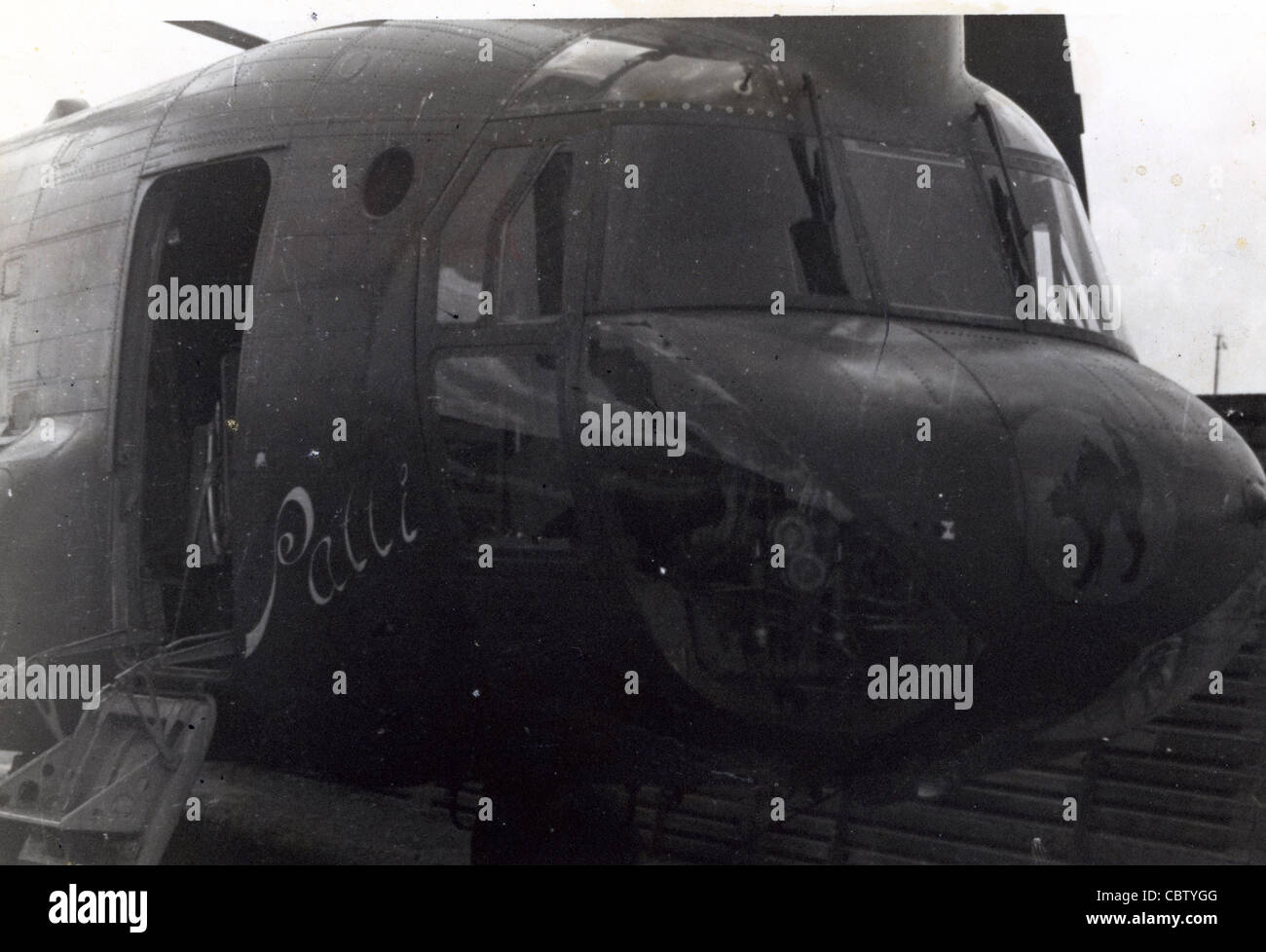 closeup of helicopter nose art 213th Aviation Company (Assault Support Helicopter) Black Cats which was a Chinook Unit. Stock Photo