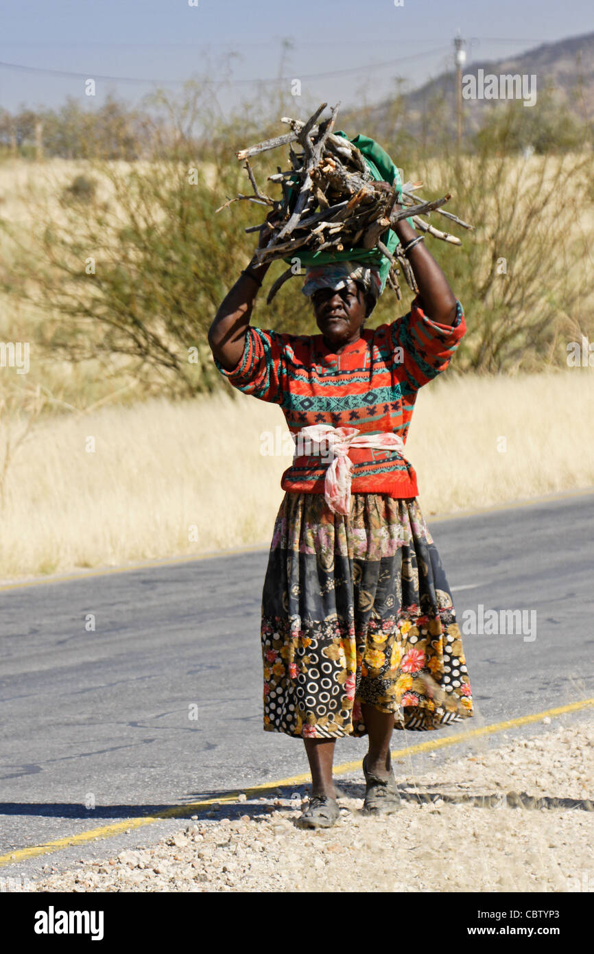 Damara woman carrying wood on head, Damaraland, Namibia Stock Photo