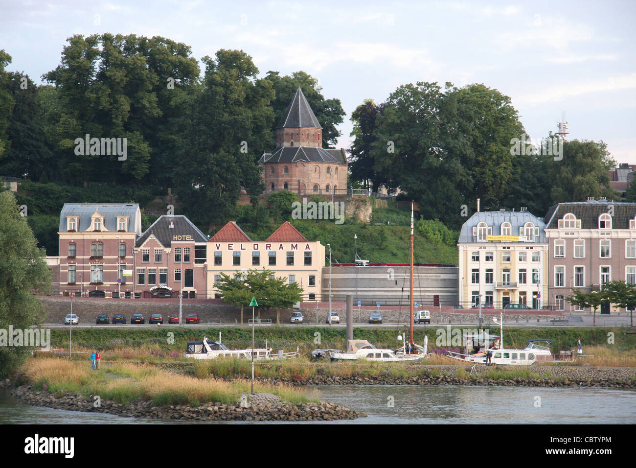 Nijmegen from under the Waalbrug on the Rhine River, Germany Stock Photo