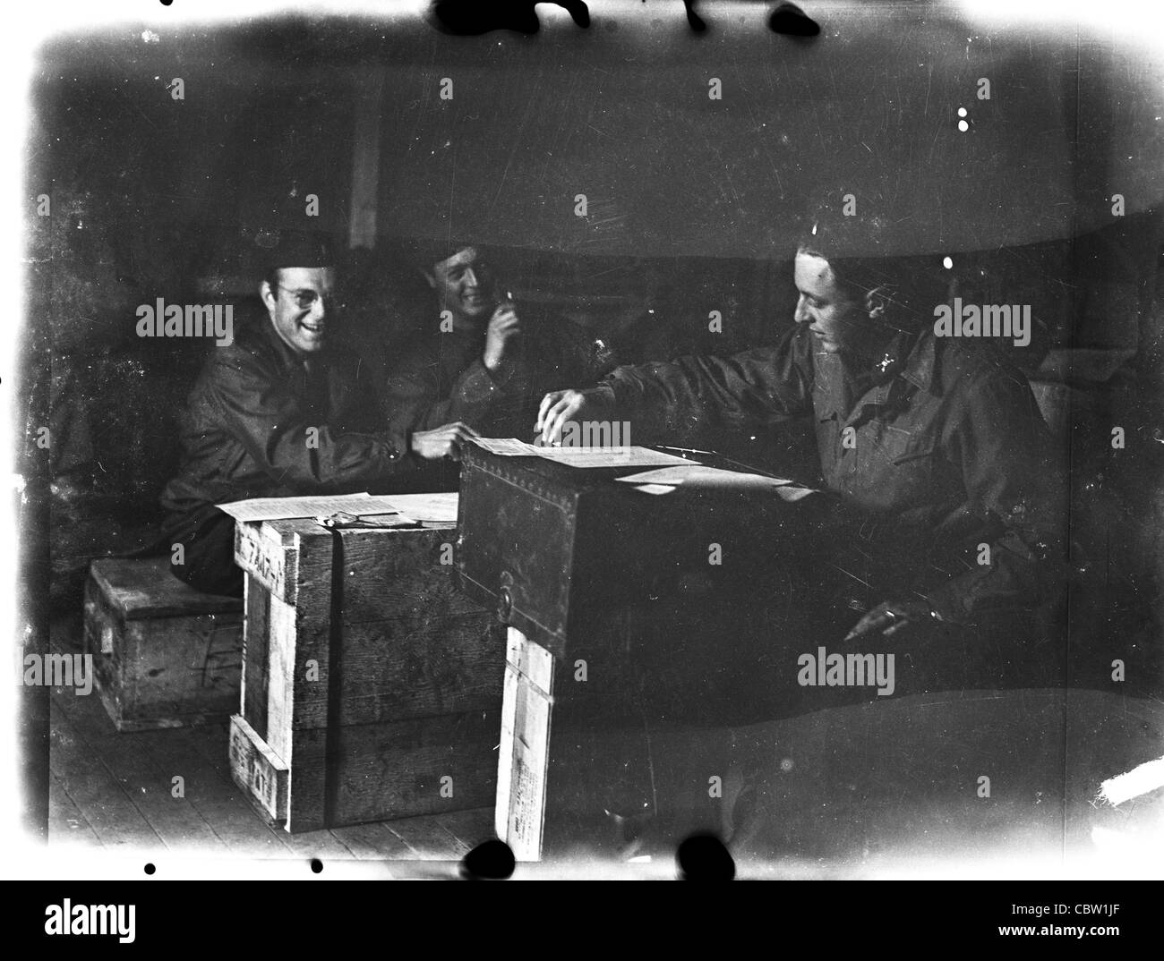 Europe and England during World War II. GIs inside tent Stock Photo
